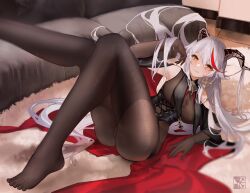 Rule 34 | 1girl, aegir (azur lane), arm support, armpits, artist logo, ass, azur lane, black cape, blush, bodystocking, bodysuit, breast curtains, breasts, brown bodysuit, brown gloves, cape, carpet, chinese commentary, closed mouth, commentary request, corset, couch, demon horns, earrings, elbow gloves, eyelashes, feet, fine fabric emphasis, flowerscur, foot out of frame, foreshortening, gloves, grey hair, hair on horn, hand up, highres, horns, indoors, jewelry, knee up, knees together feet apart, large breasts, leaning to the side, leg up, legs, long hair, looking at viewer, lying, multicolored hair, navel, no shoes, on back, pussy, red cape, red hair, shiny skin, sidelocks, smile, solo, streaked hair, thighs, toenails, toes, two-sided cape, two-sided fabric, uncensored, very long hair, yellow eyes