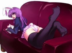 Rule 34 | 1girl, animal ears, ass, black thighhighs, book, couch, feet, female focus, foreshortening, kajo, looking back, lying, on stomach, panties, rabbit ears, rabbit girl, rabbit tail, reisen udongein inaba, skirt, solo, tail, thighhighs, touhou, underwear