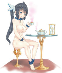 Rule 34 | 10s, 1girl, anal, anal object insertion, ankle cuffs, anklet, bad id, bad pixiv id, black hair, blue eyes, breasts, collar, completely nude, cuffs, cup, dildo, dildo riding, double insertion, double penetration, dungeon ni deai wo motomeru no wa machigatteiru darou ka, hair ribbon, hestia (danmachi), hourglass, jewelry, large breasts, long hair, multiple penetration, navel, nipples, nude, object insertion, pussy juice, pussy juice puddle, ribbon, sex toy, simple background, sitting, solo, table, teacup, teapot, twintails, vaginal, vaginal object insertion, very long hair, white background, yakou (4507770)