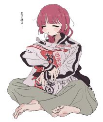 Rule 34 | 1girl, = =, alcohol carton, barefoot, blush, bocchi the rock!, dorarin, dress, drinking, drinking straw, artistic error, green dress, highres, hiroi kikuri, hugging object, jacket, letterman jacket, oversized object, red hair, simple background, sitting, soles, solo, toes, translation request, white background, wrong foot