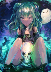 Rule 34 | 1girl, absurdres, bare shoulders, blue dress, brooch, detached collar, detached sleeves, double bun, dress, ghost, green hair, hair bun, hair ornament, highres, hololive, hololive fantasy, jewelry, kaamin (mariarose753), long hair, looking at viewer, necromancer, red eyes, skull, skull hair ornament, solo, strapless, strapless dress, tombstone, uruha rushia, uruha rushia (1st costume), virtual youtuber