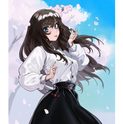 Rule 34 | 1girl, belt, black skirt, blue eyes, blue sky, brown belt, brown hair, buttons, character request, charm (object), cherry blossoms, copyright request, gemi ningen, hair between eyes, highres, korean commentary, long hair, long sleeves, looking at viewer, petals, pillarboxed, shirt, skirt, sky, solo, tongue, tongue out, tree, white shirt, wide sleeves