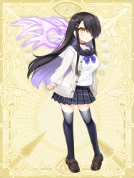 Rule 34 | 1girl, black hair, black sailor collar, black skirt, black thighhighs, blue bow, bow, breasts, brown background, brown eyes, brown footwear, cardigan, chain paradox, closed mouth, commentary request, full body, grey cardigan, hair ornament, hair over one eye, hairclip, loafers, long hair, long sleeves, medium breasts, multicolored hair, open cardigan, open clothes, pleated skirt, puffy long sleeves, puffy sleeves, purple hair, purple wings, sailor collar, school uniform, shikito (yawa0w0), shirt, shoes, skirt, sleeves past wrists, smile, solo, standing, thighhighs, two-tone hair, very long hair, white shirt, wings, x hair ornament