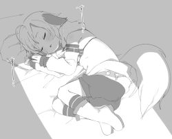 Rule 34 | 1girl, ahoge, animal ears, boots, detached sleeves, dog ears, dog tail, done (donezumi), closed eyes, female focus, greyscale, lying, monochrome, on bed, on side, original, shadow, sleeping, solo, sunlight, tail, titi-chan (nezumi inu)