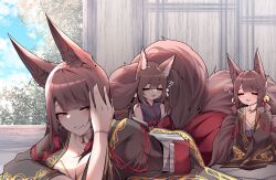 Rule 34 | 3girls, absurdres, aged down, akagi-chan (azur lane), akagi (azur lane), amagi-chan (azur lane), animal ear fluff, animal ears, azur lane, blush, breasts, brown hair, brown kimono, cleavage, closed eyes, detached collar, drooling, eyeshadow, facing viewer, fox ears, fox girl, fox tail, full body, grin, hair tubes, hakama, hakama skirt, hand in own hair, highres, japanese clothes, kimono, kitsune, kyuubi, large breasts, long skirt, long sleeves, looking at another, looking back, lying, makeup, multiple girls, multiple tails, off shoulder, on stomach, open clothes, open kimono, open mouth, pleated skirt, red eyes, red eyeshadow, red lips, red skirt, saliva, samip, seiza, sidelocks, sitting, skirt, sleeping, smile, tail, teeth, time paradox, wide sleeves