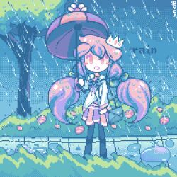 Rule 34 | 1girl, black pantyhose, blue bow, blush, bow, bush, cloud, cloudy sky, commentary, english commentary, looking at viewer, low twintails, lowres, mixed-language commentary, open mouth, original, pantyhose, pink eyes, pink hair, pink skirt, pixel art, puddle, rain, shirt, skirt, sky, solo, tree, twintails, water drop, wet floor, white shirt, ycsawampfp