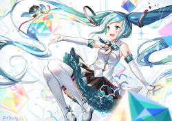 Rule 34 | 2girls, :d, arm warmers, artist name, black skirt, blue eyes, blue hair, blush, breasts, chibi, cube, dr poapo, floating hair, hatsune miku, knees together feet apart, long hair, looking at another, magical mirai (vocaloid), magical mirai miku, magical mirai miku (2017), medium breasts, multiple girls, open mouth, outstretched arm, petticoat, shirt, signature, skirt, sleeveless, sleeveless shirt, smile, solid oval eyes, solo focus, sparkle, thighhighs, thighs, twintails, very long hair, vocaloid, white shirt