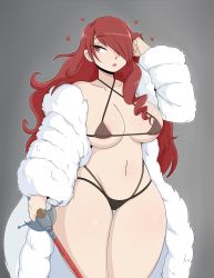 Rule 34 | 1girl, areola slip, bikini, breasts, curvy, highres, kirijou mitsuru, large breasts, long hair, micro bikini, persona, persona 3, red eyes, red hair, solo, standing, swimsuit, tagme, thick thighs, thighs, wide hips