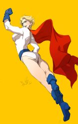 Rule 34 | 1girl, animification, ass, back, blonde hair, boots, breasts, dc comics, gloves, grin, highres, kryptonian, nalubwin, power girl, smile, solo, superman (series)