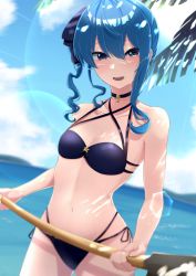 Rule 34 | 1girl, :d, absurdres, bikini, blue eyes, blue hair, blue sky, blush, breasts, choker, cloud, day, earrings, eyebrows hidden by hair, highres, holding, hololive, hoshimachi suisei, jewelry, kasoku souchi, long hair, looking at viewer, mountain, navel, ocean, open mouth, outdoors, palm tree, purple bikini, sky, small breasts, smile, solo, swimsuit, tree, virtual youtuber