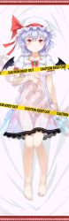 Rule 34 | 1girl, aa-rance, adapted costume, bad id, bad pixiv id, bat wings, bed sheet, blue hair, blush, breasts, brooch, caution tape, censored, dakimakura (medium), dress, full body, groin, hat, hat ribbon, highres, jewelry, lace, lying, mob cap, nightgown, no bra, no panties, on back, red eyes, remilia scarlet, ribbon, see-through, see-through dress, short hair, slit pupils, small breasts, smile, solo, touhou, wings