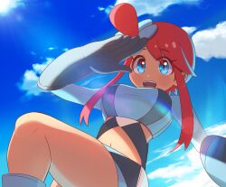 1girl blue_sky breasts cloud creatures_(company) crop_top game_freak gloves large_breasts long_hair long_sleeves nintendo pokemon pokemon_bw red_hair shorts sinohira_rin sky skyla_(pokemon) teeth upper_teeth_only