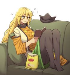 Rule 34 | 1girl, beamed eight note, black pantyhose, blonde hair, breasts, chips (food), constellation print, couch, crossed ankles, detached sleeves, earbuds, earphones, eating, artistic error, food, green eyes, green skirt, hat, unworn headwear, highres, listening to music, long hair, mata (matasoup), matara okina, medium breasts, musical note, no shoes, pantyhose, potato chips, reading, reclining, shirt, skirt, tabard, touhou, very long hair, white background, white shirt