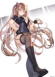 Rule 34 | 1girl, 2022, absurdres, animal ears, boots, breasts, brown eyes, brown hair, cleavage, closed mouth, cuffs, from below, garter belt, gemuyo, handcuffs, highres, holding, holding handcuffs, indie virtual youtuber, large breasts, long hair, looking at viewer, medium breasts, multicolored hair, nannachu7, police, police uniform, smile, solo, squirrel ears, squirrel girl, standing, streaked hair, thighhighs, uniform, virtual youtuber
