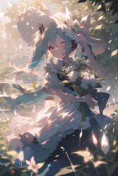 Rule 34 | 1girl, ai-assisted, aqua hair, b74, backlighting, blurry, blurry background, blurry foreground, bouquet, closed mouth, commentary, cowboy shot, depth of field, dress, english commentary, floating hair, flower, flower request, frilled dress, frills, green eyes, hair between eyes, hat, hatsune miku, highres, holding, holding flower, leaf, long hair, looking at viewer, one eye closed, outdoors, petals, short sleeves, smile, solo, sun hat, sunlight, twintails, vocaloid, white dress, white flower, white hat, wide brim