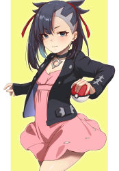 Rule 34 | 1girl, asymmetrical hair, black choker, black hair, black jacket, blue eyes, border, breasts, chemise, choker, cleavage, cowboy shot, creatures (company), earclip, fingernails, game freak, hair ribbon, hands up, highres, holding, holding poke ball, jacket, leather, long hair, looking at viewer, marnie (pokemon), nanigasi tainen, nintendo, open clothes, open jacket, pendant choker, poke ball, pokemon, pokemon swsh, red ribbon, ribbon, simple background, small breasts, solo, thighs, white border, yellow background