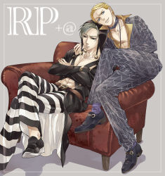 Rule 34 | 2boys, bad id, bad pixiv id, blonde hair, couch, grey hair, hat, jojo no kimyou na bouken, multiple boys, pants, prosciutto, risotto nero, striped clothes, striped pants, yukiji