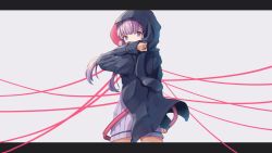 Rule 34 | 1girl, animal ears, animal hood, black jacket, commentary, covered mouth, dress, fake animal ears, from behind, grey background, hand up, highres, hood, hood up, hooded jacket, jacket, letterboxed, long hair, long sleeves, looking at viewer, looking back, pinching sleeves, purple dress, purple eyes, purple hair, rabbit ears, rabbit hood, red ribbon, ribbon, sleeves past wrists, solo, vocaloid, voiceroid, yusake san, yuzuki yukari
