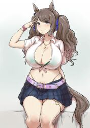 Rule 34 | 1girl, animal ears, blue ribbon, blue skirt, breasts, brown hair, cleavage, commentary request, crop top, facial mark, feet out of frame, gradient background, grey background, grey eyes, hair ribbon, hand up, highres, horse ears, huge breasts, jewelry, long hair, looking at viewer, midriff, miniskirt, navel, necklace, plaid, plaid skirt, ribbon, shirt, short sleeves, skirt, solo, standing, star (symbol), stomach, tail, thighs, tied shirt, tosen jordan (umamusume), umamusume, v, very long hair, white background, white shirt, yuugatou (yuuzutu)