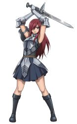 Rule 34 | 1girl, absurdres, armor, armpits, arms up, black footwear, boots, erza scarlet, fairy tail, full body, greaves, hair over one eye, highres, holding, holding sword, holding weapon, knee boots, legs apart, long hair, official art, parted lips, red eyes, red hair, simple background, skirt, solo, sword, two-handed, weapon, white background, wide stance
