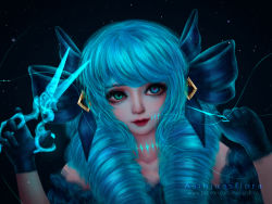 Rule 34 | 1girl, artist name, asinjuasflora, bare shoulders, black background, blue eyes, blue gloves, blue hair, blue theme, closed mouth, gloves, green eyes, gwen (league of legends), heterochromia, holding, holding needle, holding scissors, league of legends, long hair, needle, red lips, scissors, solo, stitches, string, twintails, upper body