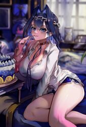 Rule 34 | 1girl, absurdres, arm support, birthday cake, blue eyes, blue hair, blue ribbon, blue shorts, bow, breast pocket, breasts, cake, cleavage, clock, closed mouth, commentary, dress shirt, falling star, flower, food, happy birthday, highres, hololive, hololive english, hourglass, huge breasts, light smile, medium hair, morning, on bed, ouro kronii, panties, plant, pocket, potted plant, railing, red flower, red rose, ribbon, rose, shirt, short hair, shorts, sky, star (sky), starry sky, stuffed toy, symbol-only commentary, television, timestamp, twitter username, underwear, virtual youtuber, vyragami, white shirt, window