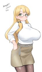Rule 34 | 1girl, absurdres, alternate costume, black pantyhose, blonde hair, breasts, dated, glasses, green eyes, grey skirt, hair over shoulder, hand on own hip, highres, kantai collection, large breasts, long hair, maru (marg0613), navy cross, northampton (kancolle), one-hour drawing challenge, pantyhose, pencil skirt, simple background, skirt, solo, sweater, twitter username, white background, white sweater