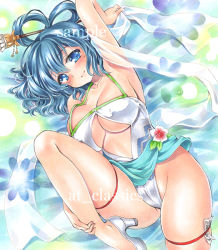 Rule 34 | 1girl, alternate costume, arm up, armpits, artist name, at classics, blue eyes, blue hair, blush, breasts, closed mouth, groin, hair ornament, hair rings, hairpin, hand on own leg, high heels, kaku seiga, large breasts, leotard, looking at viewer, lying, on back, sample watermark, shawl, smile, solo, thigh strap, touhou, traditional media, watermark, white leotard