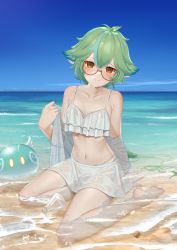 Rule 34 | 1girl, bare legs, bare shoulders, barefoot, beach, bikini, bikini skirt, blue sky, blush, bottle, breasts, brown eyes, closed mouth, commentary request, cork, cross-laced clothes, frilled bikini, frills, genshin impact, glasses, green hair, highres, long hair, looking at viewer, meda, multicolored hair, navel, ocean, off shoulder, outdoors, raised eyebrows, see-through, semi-rimless eyewear, shore, sitting, skirt, sky, slime (genshin impact), small breasts, solo, stomach, streaked hair, sucrose (genshin impact), swimsuit, thighs, water, wet, wet clothes, white bikini, white skirt