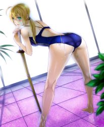 Rule 34 | 1girl, ahoge, artoria pendragon (all), artoria pendragon (fate), ass, back, bad id, bad pixiv id, bare legs, bare shoulders, barefoot, blonde hair, blush, breasts, butt crack, competition swimsuit, fate/zero, fate (series), floor, from behind, green eyes, indoors, kneepits, leaning forward, lips, looking back, midriff, official alternate costume, one-piece swimsuit, plant, ponytail, saber (fate), saber (summer battle clothes) (fate), sakichi6891, school swimsuit, shinai, solo, sweat, sweatdrop, swimsuit, sword, water, water drop, weapon