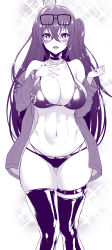 Rule 34 | 1girl, ahoge, azur lane, bare shoulders, bikini, black bikini, black choker, black hair, black thighhighs, blush, breasts, choker, cleavage, commentary request, crossed bangs, eyewear on head, hair between eyes, hand on own chest, hand up, highres, jacket, large breasts, long hair, looking at viewer, monochrome, morimoto kiyona, navel, off-shoulder jacket, off shoulder, official alternate costume, open mouth, race queen, smile, solo, standing, stomach, sunglasses, swimsuit, taihou (azur lane), taihou (enraptured companion) (azur lane), thighhighs, very long hair