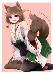 Rule 34 | 10s, 1girl, :d, animal ears, animal hands, arano oki, bare shoulders, brown hair, fur, headgear, heart, hiei (kancolle), highres, kantai collection, kemonomimi mode, nontraditional miko, open mouth, pantyhose, pink background, plaid, plaid skirt, purple eyes, sarashi, short hair, simple background, skirt, smile, solo, tail, wide sleeves