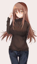 Rule 34 | 1girl, black pants, black sweater, blush, brown hair, cowboy shot, denim, grey background, hair between eyes, hand up, highres, jeans, jewelry, kinona, long hair, long sleeves, looking at viewer, original, pants, parted lips, pendant, ribbed sweater, simple background, solo, sweater, thigh gap, turtleneck, turtleneck sweater, very long hair, yellow eyes