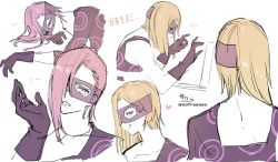 Rule 34 | 1boy, absurdres, black gloves, blonde hair, collarbone, commentary request, facing away, gloves, hair over one eye, heart, highres, jojo no kimyou na bouken, male focus, mask, melone, multiple views, open mouth, pink hair, purple eyes, signature, simple background, sofra, translation request, twitter username, vento aureo, white background