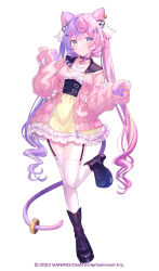 Rule 34 | 1girl, absurdres, animal ears, black garter straps, blue eyes, blue hair, blush, boots, cardigan, cat ears, cat girl, cat tail, clan entertainment, closed mouth, collared cardigan, commentary request, crossed bangs, dated, dress, earrings, garter straps, hair ornament, high heel boots, high heels, highres, jewelry, kappe reeka, lace, lace-trimmed dress, lace trim, layered dress, leather, leather boots, leg up, long hair, long sleeves, looking at viewer, multicolored clothes, multicolored dress, multicolored hair, nyamafuji anzu, nyantasia, official art, paw sleeves, pink cardigan, pink hair, platform boots, platform footwear, sanrio, sidelocks, simple background, single earring, skindentation, sleeves past wrists, solo, standing, standing on one leg, tail, tail ornament, tail ring, thighhighs, twintails, two-tone hair, very long hair, virtual youtuber, white background, white dress, white thighhighs, yellow dress