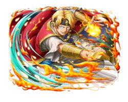 Rule 34 | 1boy, arabian clothes, armor, blonde hair, cape, fire, fireball, headband, holding, holding sword, holding weapon, looking at viewer, official art, one piece, one piece treasure cruise, red cape, sabo (one piece), scimitar, solo, sword, teeth, vambraces, weapon