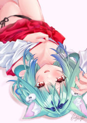 Rule 34 | 1girl, ahoge, alternate costume, animal ears, black panties, blunt bangs, blurry, blurry background, blush, braid, breasts, cat ears, cleavage, commentary request, cowboy shot, depth of field, green hair, hair ornament, hair ribbon, hair scrunchie, hakama, hakama skirt, hand up, hololive, japanese clothes, kimono, long hair, looking at viewer, lying, miko, moizumi shipon, off shoulder, on back, open mouth, panties, red eyes, red hakama, ribbon, scrunchie, shadow, side-tie panties, sidelocks, signature, simple background, skirt, skull hair ornament, small breasts, solo, twin braids, underwear, uruha rushia, virtual youtuber, white background, white kimono, wide sleeves