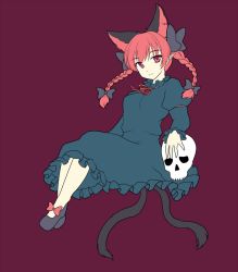 Rule 34 | 1girl, animal ears, braid, cat ears, cat tail, dress, frilled dress, frilled sleeves, frills, isaki (gomi), kaenbyou rin, long sleeves, multiple tails, nekomata, purple background, red eyes, red hair, skull, smile, tail, touhou, twin braids