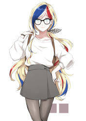 Rule 34 | 1girl, absurdres, backpack, bag, blonde hair, blue eyes, blue hair, commandant teste (kancolle), dress, glasses, hair ribbon, highres, kantai collection, long hair, looking at viewer, morinaga miki, multicolored hair, pantyhose, red hair, ribbon, simple background, smile, solo, standing, sweater, very long hair, white background