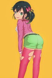 Rule 34 | 1girl, ass, belt, bent over, black belt, black hair, breasts, from behind, green eyes, green hair, green shorts, hair ornament, hand on own thigh, hibiki ai, jacket, long hair, long sleeves, looking at viewer, looking back, medium breasts, multicolored hair, nannyou dojin, open clothes, open jacket, open mouth, pink jacket, pink thighhighs, ponytail, shirt, shorts, side ponytail, smile, standing, streaked hair, the rolling girls, thighhighs, torn clothes, torn legwear, two-tone hair, white shirt, yellow background