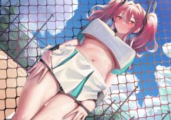 Rule 34 | 1girl, absurdres, azur lane, bare shoulders, black panties, blue sky, blush, breasts, bremerton (azur lane), bremerton (scorching-hot training) (azur lane), chain-link fence, crop top, crop top overhang, cum, cumdrip, day, fence, highres, large breasts, long hair, looking at viewer, mochirong, official alternate costume, outdoors, panties, pink eyes, pink hair, shoes, sidelocks, sky, smile, sneakers, solo, sportswear, sweat, tennis uniform, twintails, two-tone shirt, two-tone skirt, underboob, underwear, wristband