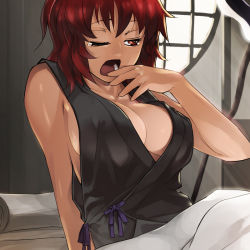 Rule 34 | 1girl, breasts, cleavage, female focus, large breasts, one eye closed, onozuka komachi, open mouth, red eyes, red hair, solo, sun-3, touhou, yawning