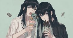 Rule 34 | 234 (1234!), 2boys, black hair, black shirt, brothers, buttons, chocolate, chocolate syrup, collared shirt, cup, drinking, drinking straw, eating, food, green background, green eyes, hand up, haori, highres, holding, holding cup, ice cream, ice cream cone, japanese clothes, kimetsu no yaiba, long hair, long sleeves, looking at viewer, male focus, multicolored hair, multiple boys, open mouth, oreo, shirt, siblings, simple background, sleeves rolled up, sprinkles, teeth, tokitou muichirou, tokitou yuichirou, two-tone hair, upper body, white shirt
