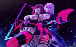 Rule 34 | 2girls, alternate costume, ball gag, bare shoulders, black background, black gloves, black panties, black thighhighs, blood, breasts, cameltoe, cleft of venus, elbow gloves, feet out of frame, fins, fish tail, gag, gawr gura, gloves, grey hair, grin, holding, holding gag, holding whip, hololive, hololive english, horns, houshou marine, large breasts, long hair, looking at viewer, medium breasts, multicolored hair, multiple girls, nipples, panties, pink blood, pussy, red hair, red horns, reflect (gawr gura), shark girl, shark tail, shiny skin, smile, streaked hair, tail, teeth, themaestronoob, thighhighs, two-tone hair, underwear, unworn gag, virtual youtuber, wings