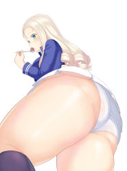 Rule 34 | 1girl, absurdres, ass, atg (wttoo0202), black legwear, blush, drill hair, eating, food, from below, girls und panzer, green eyes, highres, holding, holding spoon, long hair, long sleeves, marie (girls und panzer), panties, pleated skirt, simple background, skirt, solo, spoon, tongue, underwear, upskirt, white background, white panties, white skirt