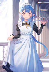 Rule 34 | 1girl, apron, arl, black dress, blue hair, blurry, blurry background, blush, closed mouth, dress, feet out of frame, hand up, highres, holding, holding clothes, holding skirt, holding tray, indoors, juliet sleeves, light smile, long hair, long sleeves, looking ahead, maid, maid headdress, original, pointy ears, puffy sleeves, purple eyes, railing, skirt, solo, standing, tiered tray, tray, very long hair, victorian maid, white apron, white headwear, window