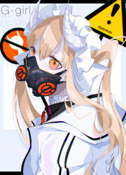 Rule 34 | 1girl, blonde hair, english text, gas mask, goma irasuto, highres, long hair, looking at viewer, mask, original, sign, simple background, solo, sweater, twintails, white background, white sweater, yellow eyes