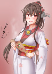 Rule 34 | 1girl, anti (untea9), badminton racket, brown hair, cherry blossoms, cowboy shot, floral print, flower, gradient background, hagoita, hair flower, hair ornament, happy new year, headgear, highres, holding, holding racket, japanese clothes, kantai collection, kimono, long hair, looking at viewer, new year, obi, official alternate costume, paddle, ponytail, racket, sash, solo, twitter username, wide sleeves, yamato (kancolle)