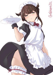 Rule 34 | 1girl, alternate costume, apron, blush, bow, bowtie, brown hair, cup, dress, ebifurya, enmaided, gloves, hair flaps, hatsuzuki (kancolle), highres, holding, holding tray, kantai collection, lips, maid, maid apron, maid headdress, one-hour drawing challenge, parted lips, red bow, red bowtie, short hair, short sleeves, simple background, solo, tray, twitter username, white background, white gloves, yellow eyes