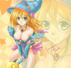 Rule 34 | &gt;:), 1girl, bare shoulders, blonde hair, blue footwear, blush, boots, breasts, choker, cleavage, closed mouth, collarbone, dark magician girl, duel monster, from above, green eyes, hair between eyes, hat, large breasts, long hair, looking at viewer, looking up, pentacle, solo, staff, tenjou tsuki, v-shaped eyebrows, v arms, wizard hat, yu-gi-oh!, zoom layer